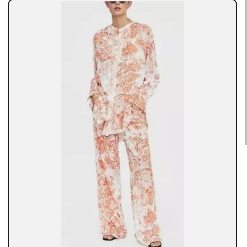 Zara Pastel Peach and Cream Toile Wide Leg Lightwight Flowy Coastal Silky Pant